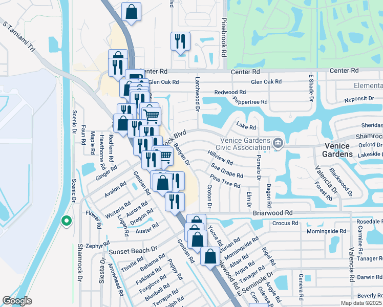 map of restaurants, bars, coffee shops, grocery stores, and more near 248 Gardenia Road in Venice