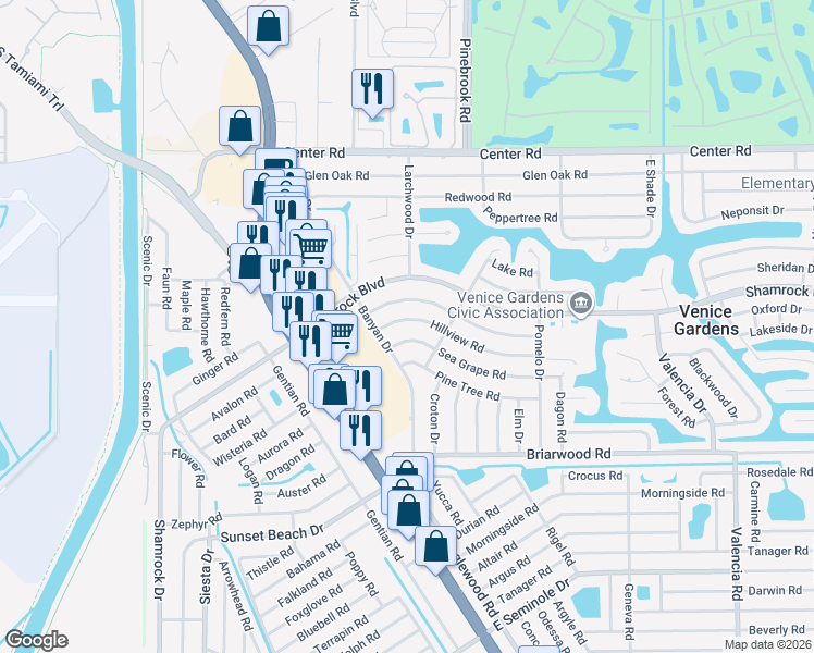 map of restaurants, bars, coffee shops, grocery stores, and more near 300 Gardenia Road in Venice