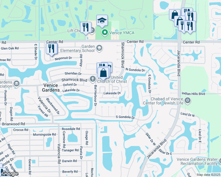 map of restaurants, bars, coffee shops, grocery stores, and more near 1747 Caribbean Circle in Venice