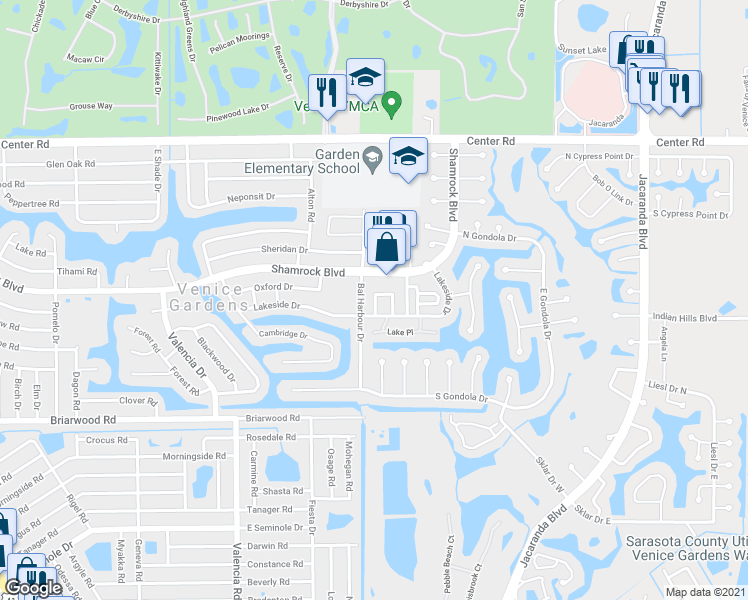 map of restaurants, bars, coffee shops, grocery stores, and more near 700 Shamrock Boulevard in Venice