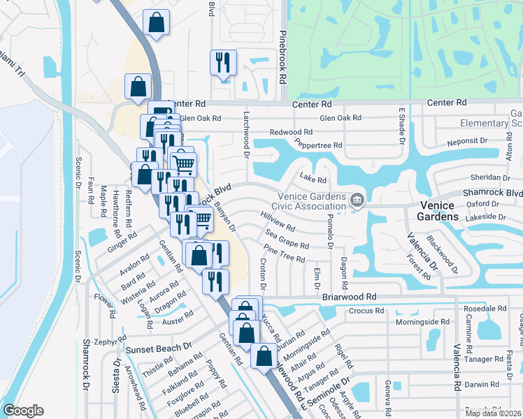 map of restaurants, bars, coffee shops, grocery stores, and more near 300 Gardenia Road in Venice