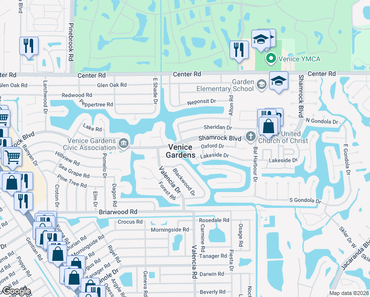 map of restaurants, bars, coffee shops, grocery stores, and more near in Venice Gardens