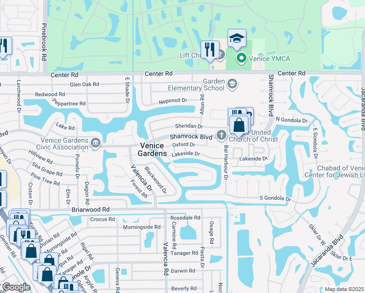 map of restaurants, bars, coffee shops, grocery stores, and more near 552 Oxford Drive in Venice