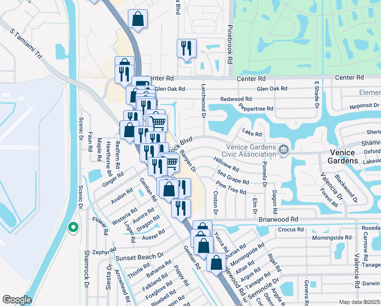map of restaurants, bars, coffee shops, grocery stores, and more near 248 Gardenia Road in Venice