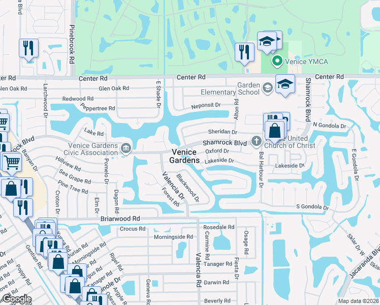map of restaurants, bars, coffee shops, grocery stores, and more near 1708 Cambridge Drive in Venice