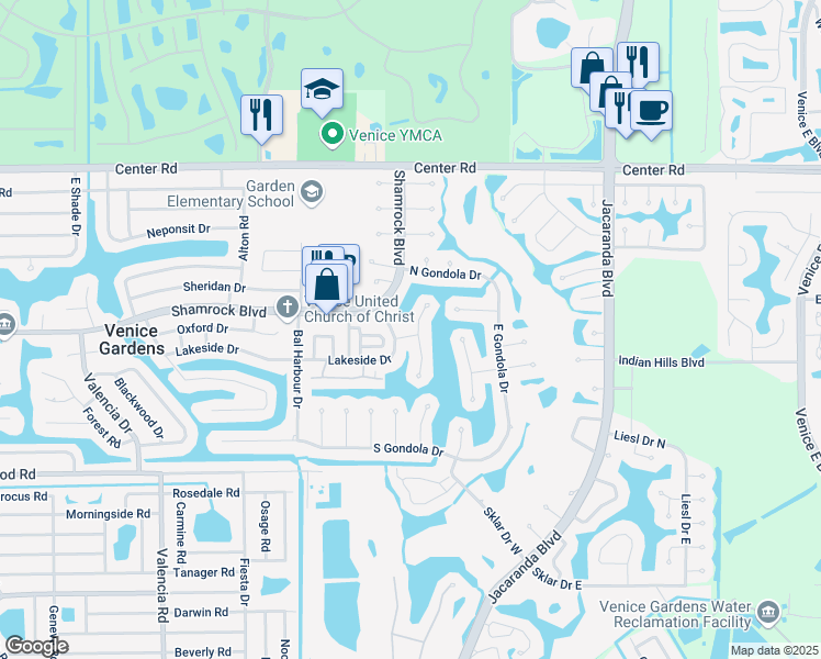 map of restaurants, bars, coffee shops, grocery stores, and more near 1754 North Lakeside Court in Venice