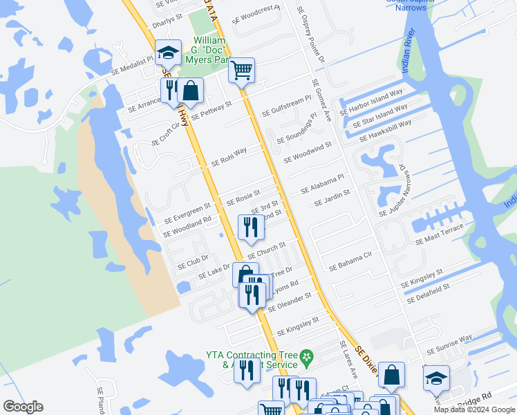 map of restaurants, bars, coffee shops, grocery stores, and more near 76 Southeast 3rd Street in Hobe Sound