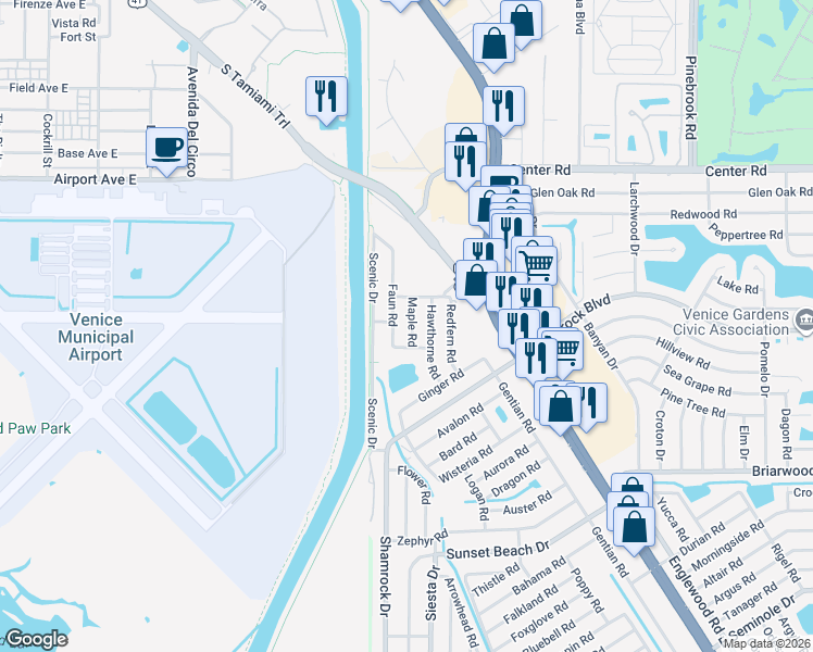 map of restaurants, bars, coffee shops, grocery stores, and more near 1991 Maple Road in Venice