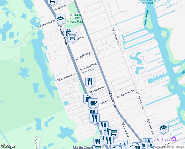 map of restaurants, bars, coffee shops, grocery stores, and more near 76 Southeast 3rd Street in Hobe Sound