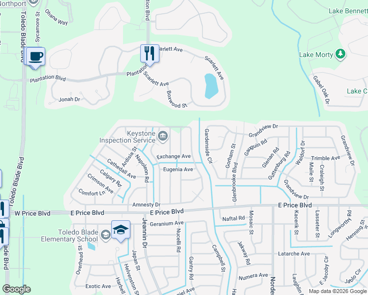 map of restaurants, bars, coffee shops, grocery stores, and more near 1680 Dawnview Street in North Port