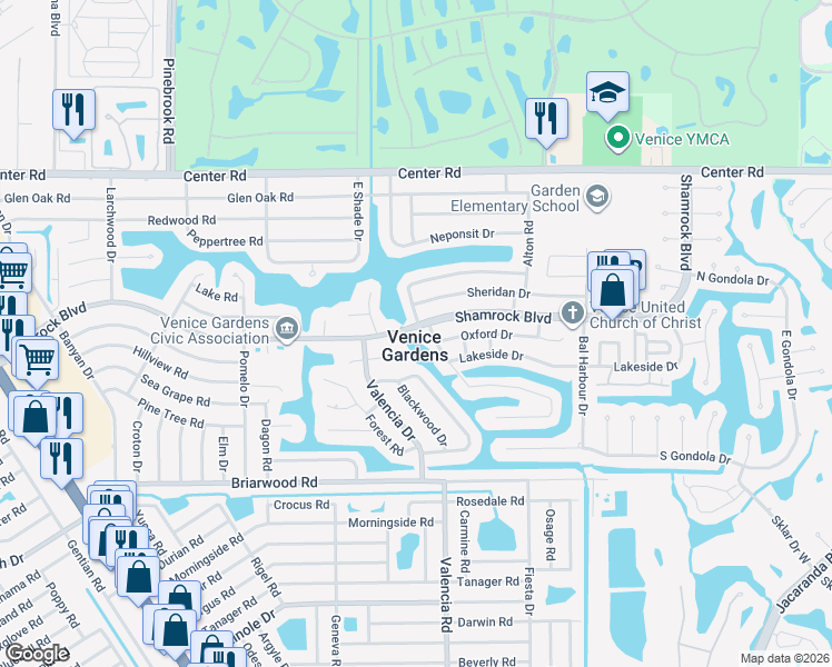 map of restaurants, bars, coffee shops, grocery stores, and more near 512 Shamrock Boulevard in Venice