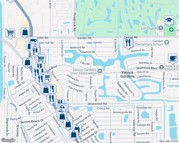 map of restaurants, bars, coffee shops, grocery stores, and more near 369 Shamrock Boulevard in Venice