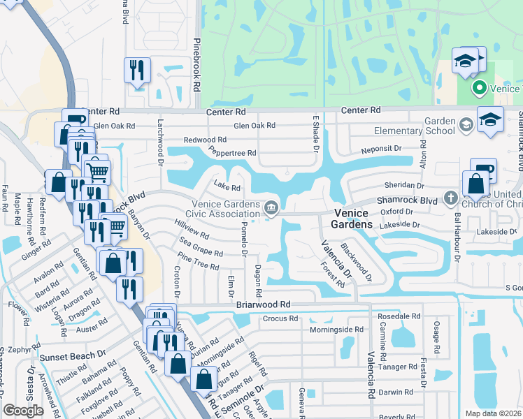 map of restaurants, bars, coffee shops, grocery stores, and more near 385 Shamrock Boulevard in Venice