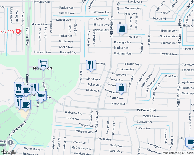 map of restaurants, bars, coffee shops, grocery stores, and more near 1544 Oketo Street in North Port