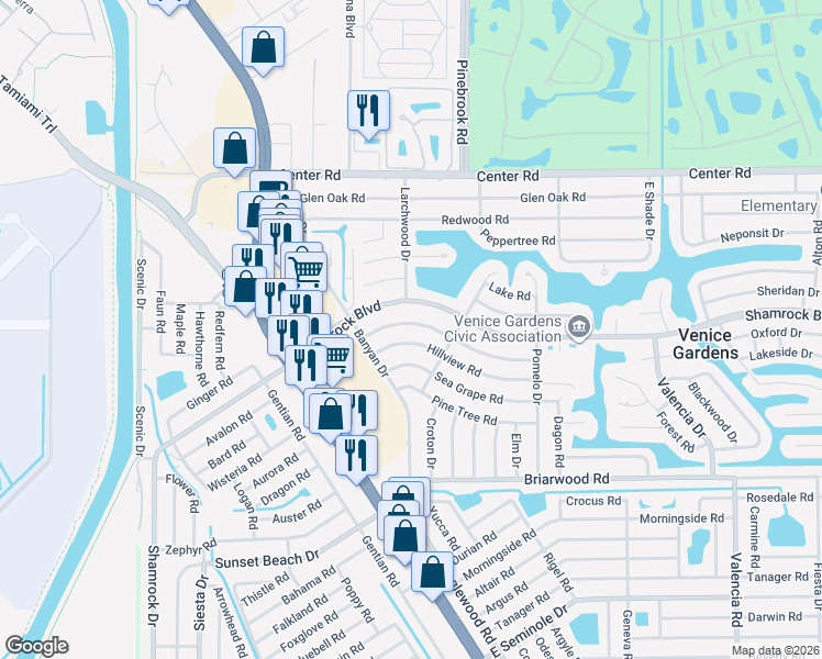 map of restaurants, bars, coffee shops, grocery stores, and more near 300 Gardenia Road in Venice