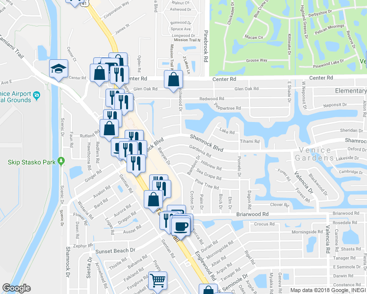 map of restaurants, bars, coffee shops, grocery stores, and more near 300 Gardenia Road in Venice