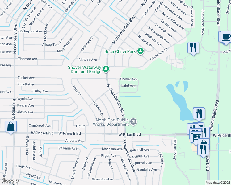 map of restaurants, bars, coffee shops, grocery stores, and more near 1964 Havelock Avenue in North Port