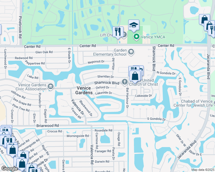 map of restaurants, bars, coffee shops, grocery stores, and more near 601 Oxford Drive in Venice