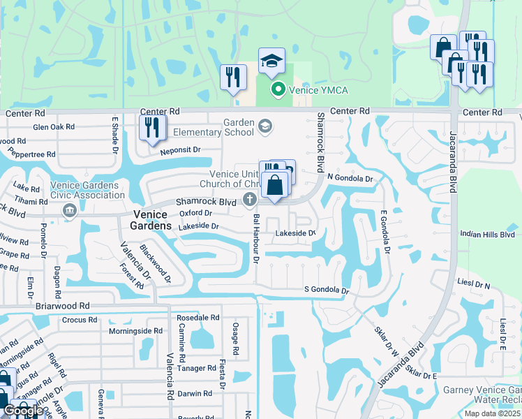 map of restaurants, bars, coffee shops, grocery stores, and more near 700 Shamrock Boulevard in Venice