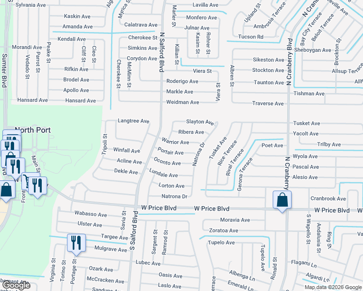 map of restaurants, bars, coffee shops, grocery stores, and more near 3824 Portair Avenue in North Port