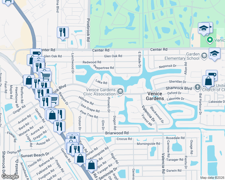 map of restaurants, bars, coffee shops, grocery stores, and more near 385 Shamrock Boulevard in Venice