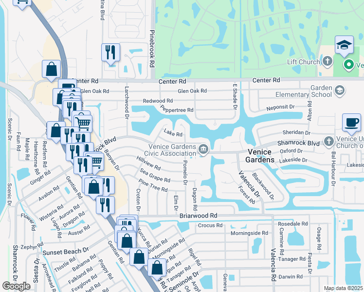 map of restaurants, bars, coffee shops, grocery stores, and more near 369 Shamrock Boulevard in Venice