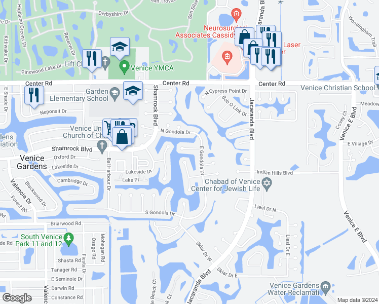 map of restaurants, bars, coffee shops, grocery stores, and more near 1713 North Gondola Court in Venice