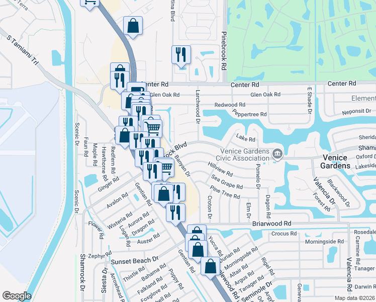 map of restaurants, bars, coffee shops, grocery stores, and more near 248 Gardenia Road in Venice