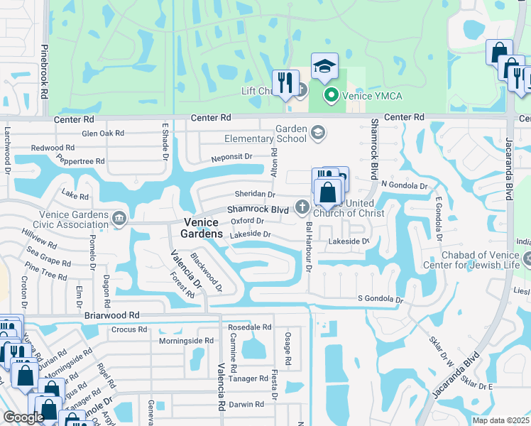 map of restaurants, bars, coffee shops, grocery stores, and more near 601 Oxford Drive in Venice