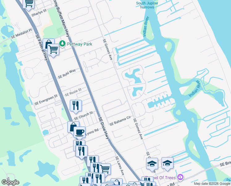 map of restaurants, bars, coffee shops, grocery stores, and more near 8814 Southeast Jardin Street in Hobe Sound