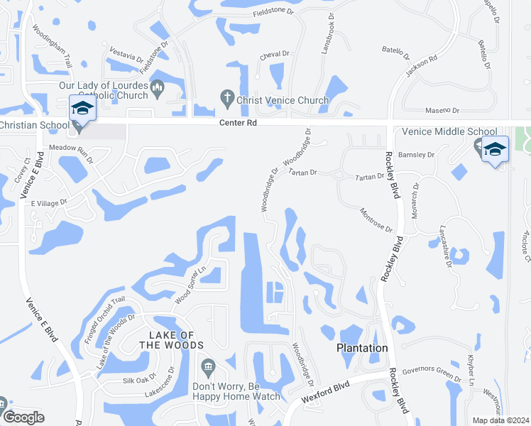 map of restaurants, bars, coffee shops, grocery stores, and more near 102 Woodbridge Drive in Venice