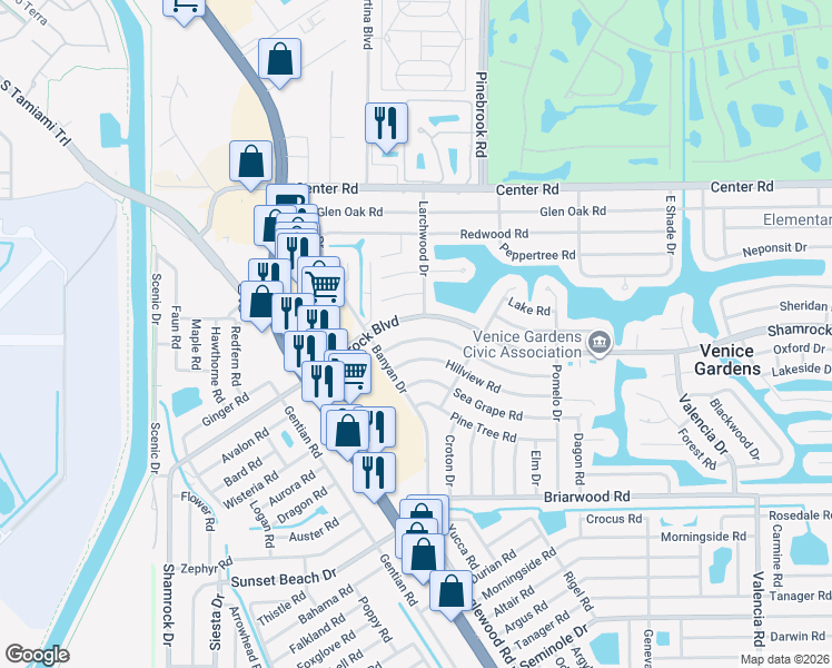 map of restaurants, bars, coffee shops, grocery stores, and more near 300 Gardenia Road in Venice