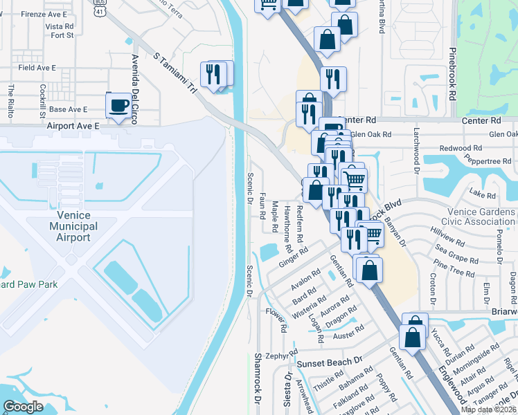 map of restaurants, bars, coffee shops, grocery stores, and more near 2011 Scenic Drive in Venice