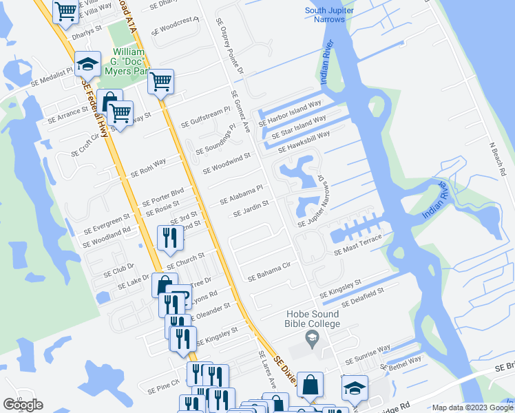 map of restaurants, bars, coffee shops, grocery stores, and more near 8814 Southeast Jardin Street in Hobe Sound