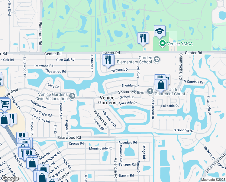 map of restaurants, bars, coffee shops, grocery stores, and more near 521 Shamrock Boulevard in Venice