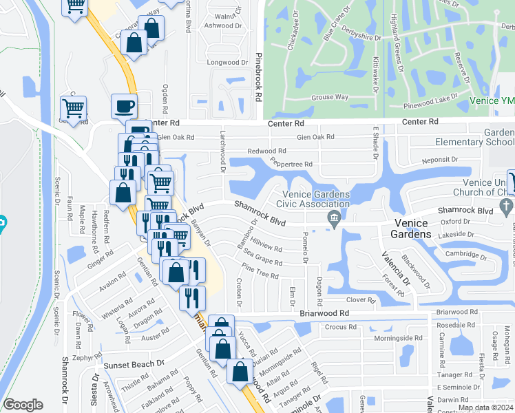 map of restaurants, bars, coffee shops, grocery stores, and more near 329 Shamrock Boulevard in Venice