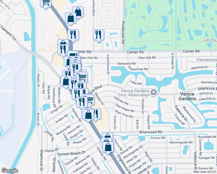 map of restaurants, bars, coffee shops, grocery stores, and more near 303 Shamrock Boulevard in Venice
