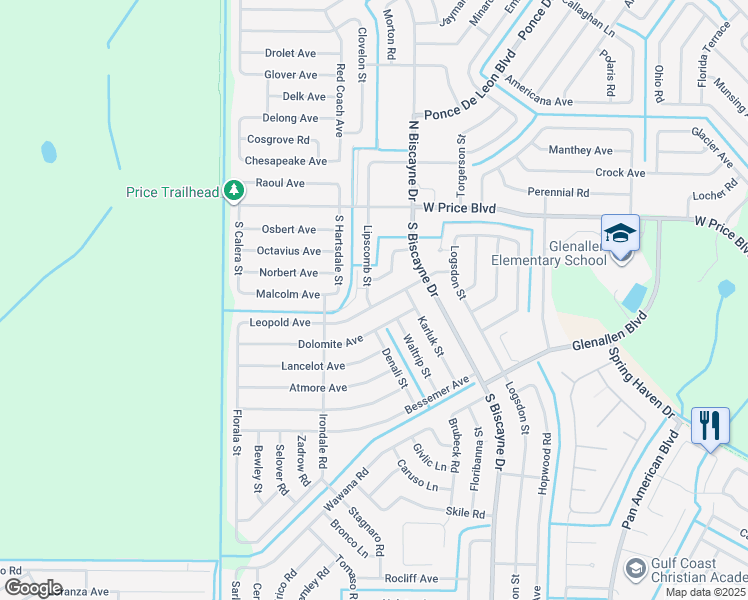 map of restaurants, bars, coffee shops, grocery stores, and more near 8258 Leopold Avenue in North Port