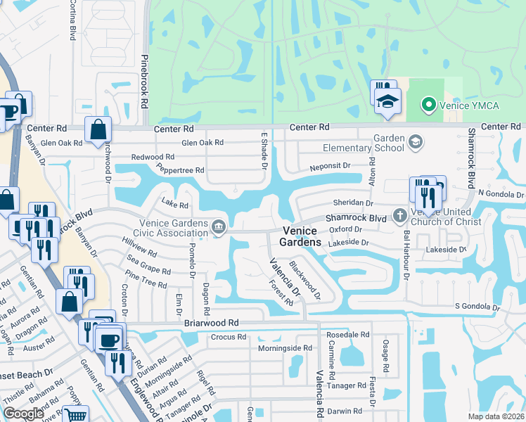 map of restaurants, bars, coffee shops, grocery stores, and more near 1645 Juniper Drive in Venice