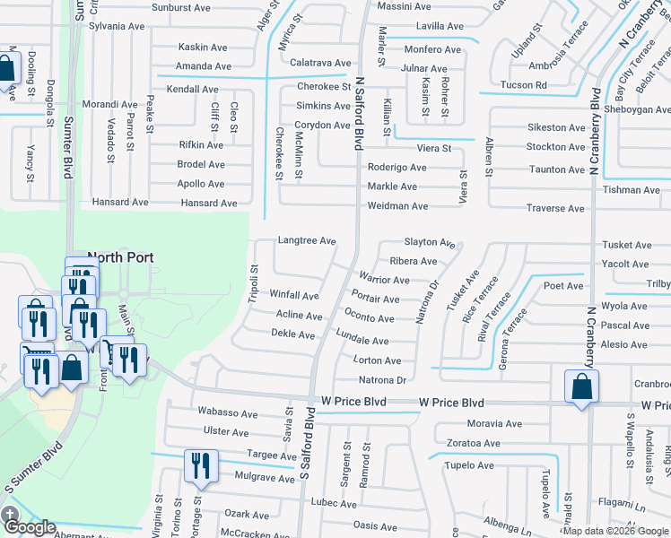 map of restaurants, bars, coffee shops, grocery stores, and more near 1703 Oketo Street in North Port
