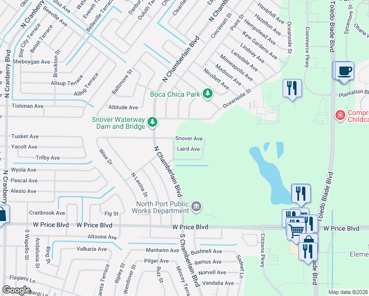 map of restaurants, bars, coffee shops, grocery stores, and more near 1701 Snover Avenue in North Port