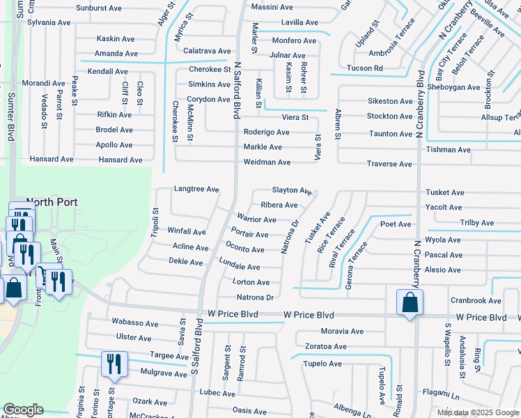 map of restaurants, bars, coffee shops, grocery stores, and more near 3863 Ribera Avenue in North Port