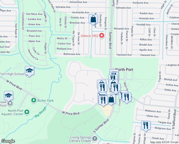 map of restaurants, bars, coffee shops, grocery stores, and more near 1685 Creek Nine Drive in North Port