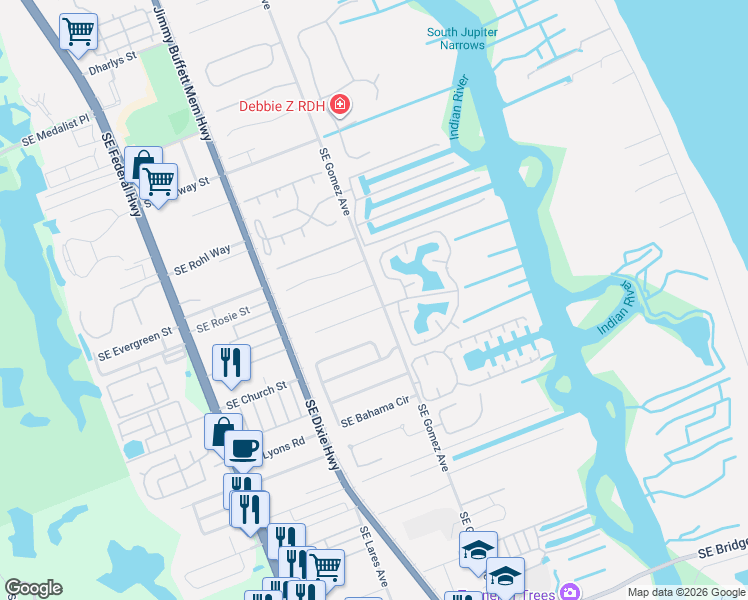 map of restaurants, bars, coffee shops, grocery stores, and more near 10600 Southeast Gomez Avenue in Hobe Sound