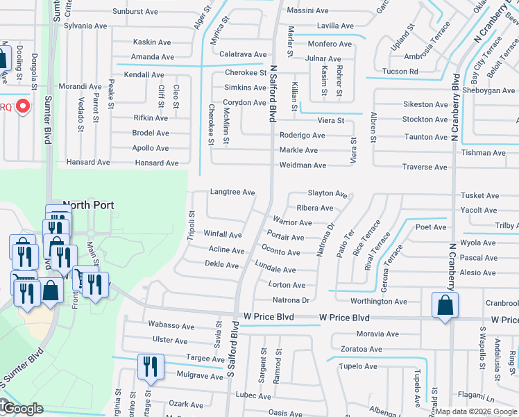 map of restaurants, bars, coffee shops, grocery stores, and more near 1778 North Salford Boulevard in North Port