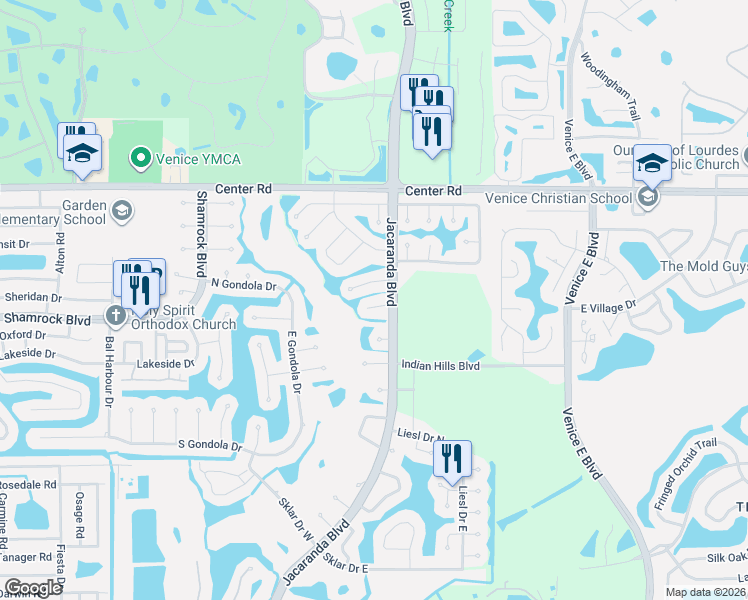 map of restaurants, bars, coffee shops, grocery stores, and more near 1011 Pine Forest Court in Venice