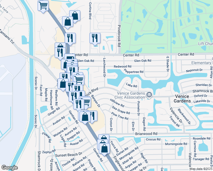map of restaurants, bars, coffee shops, grocery stores, and more near 303 Shamrock Boulevard in Venice