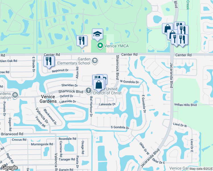 map of restaurants, bars, coffee shops, grocery stores, and more near 769 Vivienda South Court in Venice