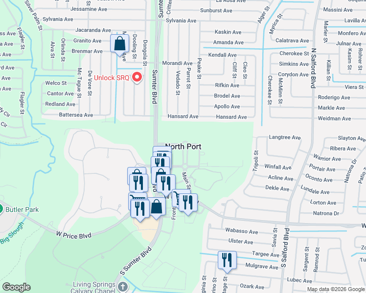 map of restaurants, bars, coffee shops, grocery stores, and more near in North Port