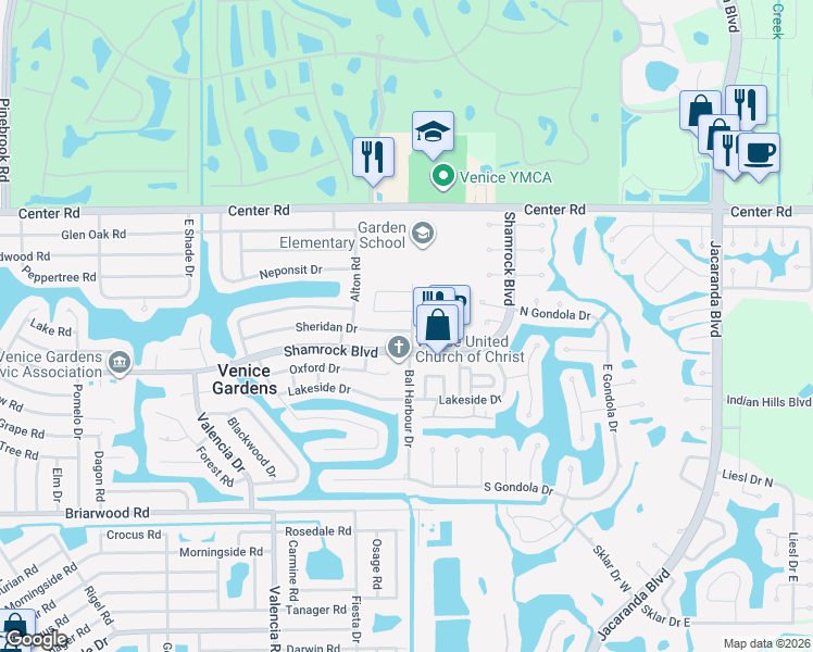 map of restaurants, bars, coffee shops, grocery stores, and more near 649 Sheridan Drive in Venice